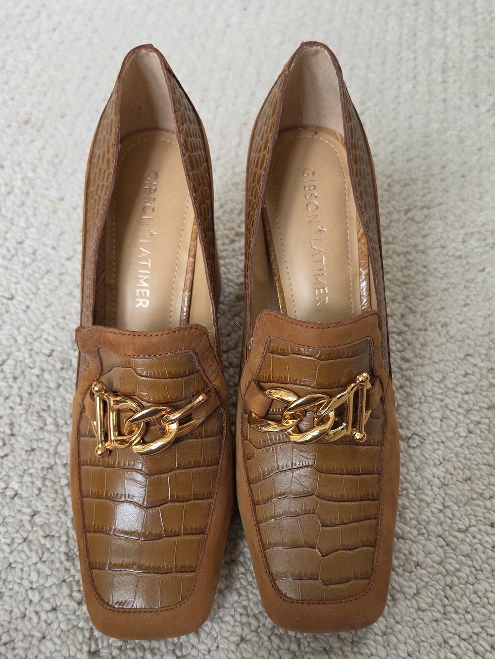 Gibson Latimer Tan Croc-Embossed Loafers with Gold Chain Accent